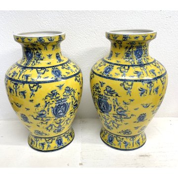 GRANDE COPPIA VASO CERAMICA SMALTATA GIALLA DECORO ANIAMLI MITOLOGICI ANNI 60