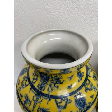 GRANDE COPPIA VASO CERAMICA SMALTATA GIALLA DECORO ANIAMLI MITOLOGICI ANNI 60