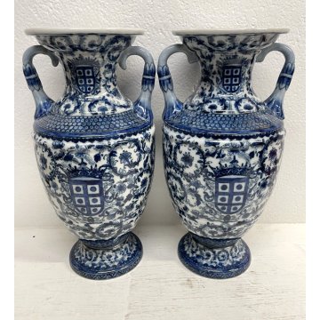 GRANDE COPPIA VASO CERAMICA SMALTATA BLU DECORO DIPINTO FLOREALE TIPO MEISSEN