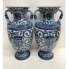 GRANDE COPPIA VASO CERAMICA SMALTATA BLU DECORO DIPINTO FLOREALE TIPO MEISSEN