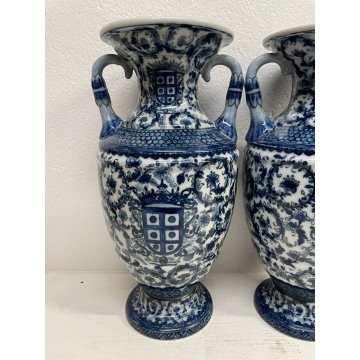 GRANDE COPPIA VASO CERAMICA SMALTATA BLU DECORO DIPINTO FLOREALE TIPO MEISSEN