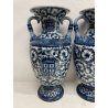 GRANDE COPPIA VASO CERAMICA SMALTATA BLU DECORO DIPINTO FLOREALE TIPO MEISSEN
