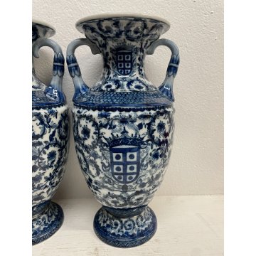 GRANDE COPPIA VASO CERAMICA SMALTATA BLU DECORO DIPINTO FLOREALE TIPO MEISSEN