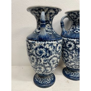 GRANDE COPPIA VASO CERAMICA SMALTATA BLU DECORO DIPINTO FLOREALE TIPO MEISSEN