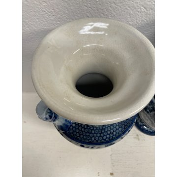 GRANDE COPPIA VASO CERAMICA SMALTATA BLU DECORO DIPINTO FLOREALE TIPO MEISSEN