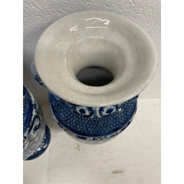 GRANDE COPPIA VASO CERAMICA SMALTATA BLU DECORO DIPINTO FLOREALE TIPO MEISSEN