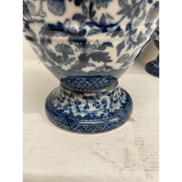 GRANDE COPPIA VASO CERAMICA SMALTATA BLU DECORO DIPINTO FLOREALE TIPO MEISSEN