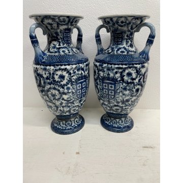 GRANDE COPPIA VASO CERAMICA SMALTATA BLU DECORO DIPINTO FLOREALE TIPO MEISSEN