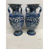 GRANDE COPPIA VASO CERAMICA SMALTATA BLU DECORO DIPINTO FLOREALE TIPO MEISSEN