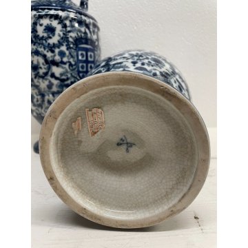 GRANDE COPPIA VASO CERAMICA SMALTATA BLU DECORO DIPINTO FLOREALE TIPO MEISSEN