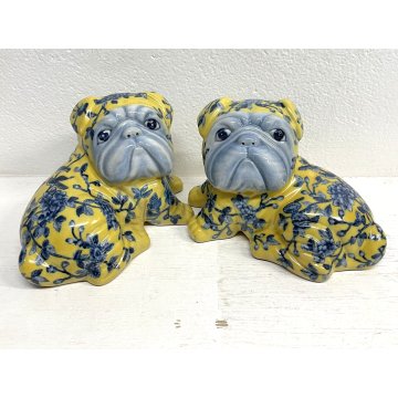 COPPIA CANI CERAMICA SMALTATA GIALLA DECORO BLU FLOREALE ANNI 60 DOG VINTAGE