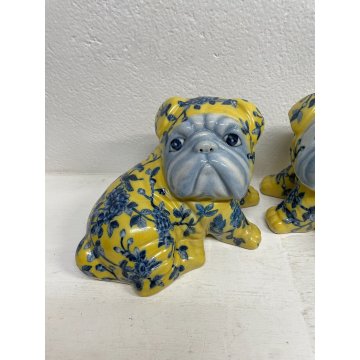 COPPIA CANI CERAMICA SMALTATA GIALLA DECORO BLU FLOREALE ANNI 60 DOG VINTAGE