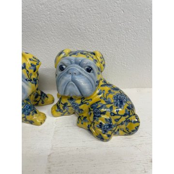 COPPIA CANI CERAMICA SMALTATA GIALLA DECORO BLU FLOREALE ANNI 60 DOG VINTAGE