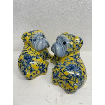 COPPIA CANI CERAMICA SMALTATA GIALLA DECORO BLU FLOREALE ANNI 60 DOG VINTAGE