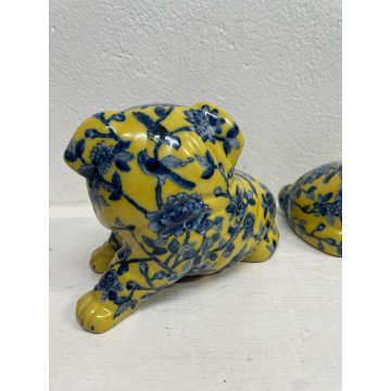 COPPIA CANI CERAMICA SMALTATA GIALLA DECORO BLU FLOREALE ANNI 60 DOG VINTAGE