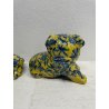 COPPIA CANI CERAMICA SMALTATA GIALLA DECORO BLU FLOREALE ANNI 60 DOG VINTAGE