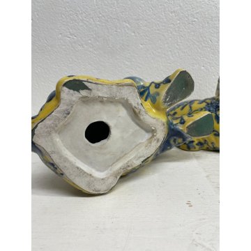 COPPIA CANI CERAMICA SMALTATA GIALLA DECORO BLU FLOREALE ANNI 60 DOG VINTAGE