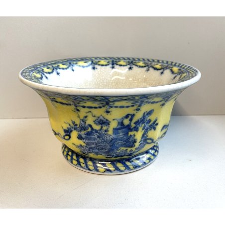 CIOTOLA CERAMICA SMALTATA GIALLA DECORO BLU FLOREALE ANNI 60 DOG VINTAGE CRACKLE