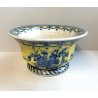 CIOTOLA CERAMICA SMALTATA GIALLA DECORO BLU FLOREALE ANNI 60 DOG VINTAGE CRACKLE
