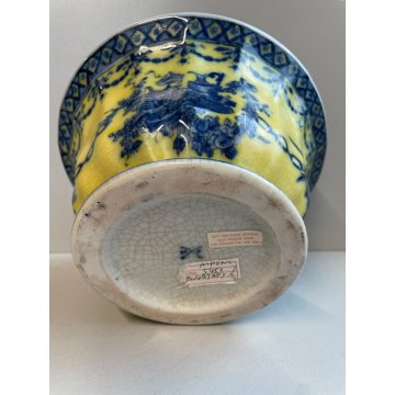 CIOTOLA CERAMICA SMALTATA GIALLA DECORO BLU FLOREALE ANNI 60 DOG VINTAGE CRACKLE