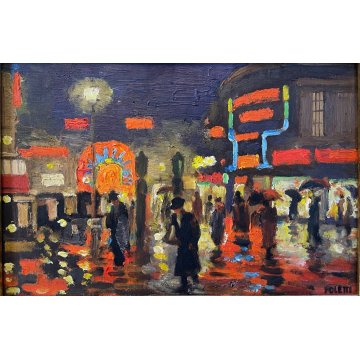 QUADRO DIPINTO OLIO Edmondo Poletti LONDON VIEW "Victoria Station" NOTTURNO 1939