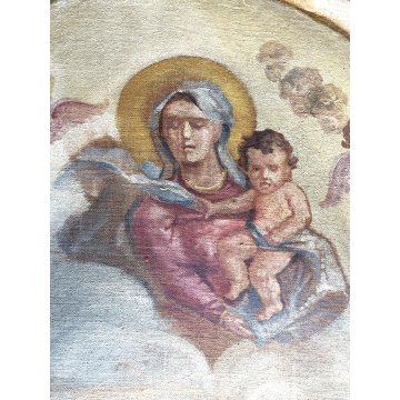 ANTICO DIPINTO OLIO TELA Maria Gesù Bambino Sant Antonio Abate RELIGIOSO '800