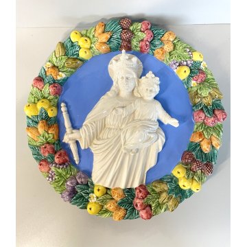 ANTICA MADONNA IN CERAMICA DA PARETE CON gesù BAMBINO FRUTTA RELIGIOSA smalto