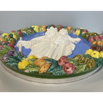 ANTICA MADONNA IN CERAMICA DA PARETE CON gesù BAMBINO FRUTTA RELIGIOSA smalto