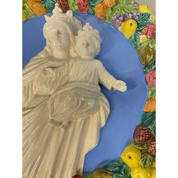 ANTICA MADONNA IN CERAMICA DA PARETE CON gesù BAMBINO FRUTTA RELIGIOSA smalto