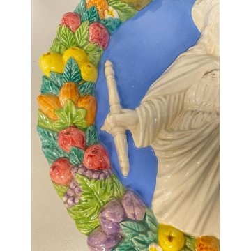 ANTICA MADONNA IN CERAMICA DA PARETE CON gesù BAMBINO FRUTTA RELIGIOSA smalto