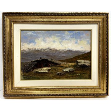 QUADRO DIPINTO OLIO Athos Brioschi PAESAGGIO MONTANO ALPEGGIO BAITA CASERA '900