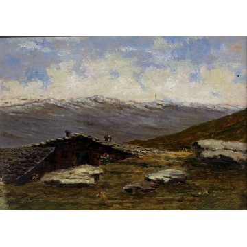 QUADRO DIPINTO OLIO Athos Brioschi PAESAGGIO MONTANO ALPEGGIO BAITA CASERA '900