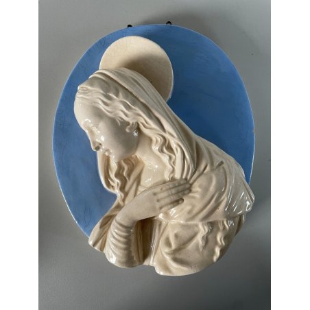 PLACCA CERAMICA MARIA VERGINE STILE Della Robbia SMALTO CELESTE BIANCO RELIGIOSO