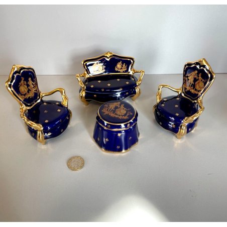 MINIATURE PORCELLANA Limoges France 4 Pz  POLTRONA DIVANO TAVOLINO BLU ORO BOX