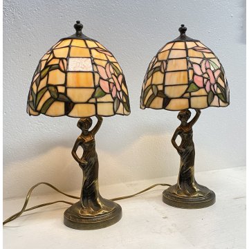 COPPIA ABAT-JOUR LAMPADA TAVOLO COMODINO STILE TIFFANY ANNI 70 VINTAGE OTTONE