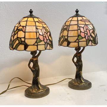 COPPIA ABAT-JOUR LAMPADA TAVOLO COMODINO STILE TIFFANY ANNI 70 VINTAGE OTTONE