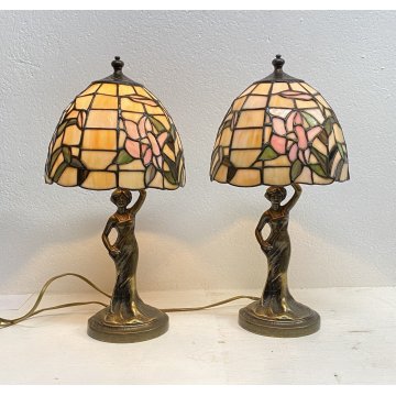 COPPIA ABAT-JOUR LAMPADA TAVOLO COMODINO STILE TIFFANY ANNI 70 VINTAGE OTTONE