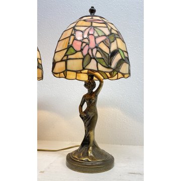 COPPIA ABAT-JOUR LAMPADA TAVOLO COMODINO STILE TIFFANY ANNI 70 VINTAGE OTTONE