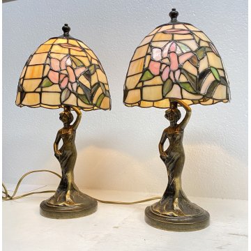 COPPIA ABAT-JOUR LAMPADA TAVOLO COMODINO STILE TIFFANY ANNI 70 VINTAGE OTTONE