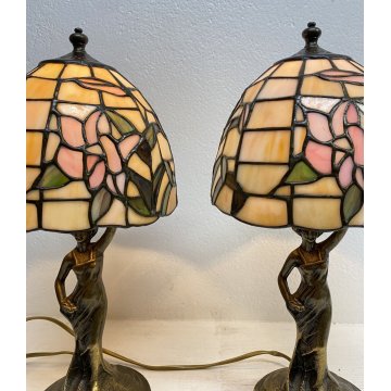 COPPIA ABAT-JOUR LAMPADA TAVOLO COMODINO STILE TIFFANY ANNI 70 VINTAGE OTTONE