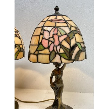 COPPIA ABAT-JOUR LAMPADA TAVOLO COMODINO STILE TIFFANY ANNI 70 VINTAGE OTTONE