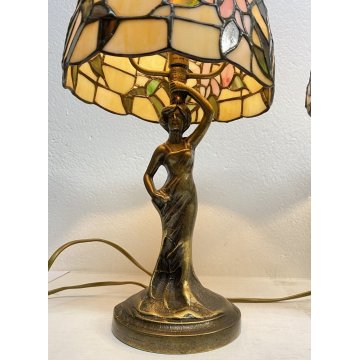 COPPIA ABAT-JOUR LAMPADA TAVOLO COMODINO STILE TIFFANY ANNI 70 VINTAGE OTTONE