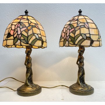 COPPIA ABAT-JOUR LAMPADA TAVOLO COMODINO STILE TIFFANY ANNI 70 VINTAGE OTTONE