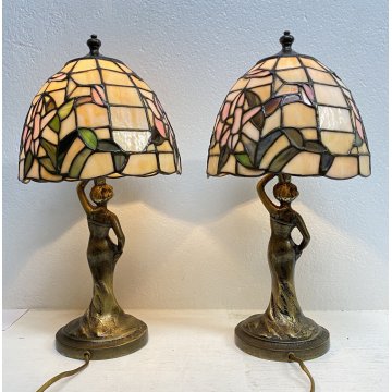 COPPIA ABAT-JOUR LAMPADA TAVOLO COMODINO STILE TIFFANY ANNI 70 VINTAGE OTTONE