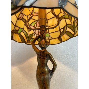 COPPIA ABAT-JOUR LAMPADA TAVOLO COMODINO STILE TIFFANY ANNI 70 VINTAGE OTTONE