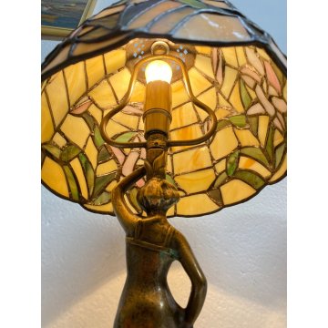 COPPIA ABAT-JOUR LAMPADA TAVOLO COMODINO STILE TIFFANY ANNI 70 VINTAGE OTTONE