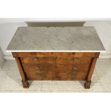 ANTICO COMO STILE IMPERO LEGNO NOCE BIGLIA MARMO BIANCO CASSETTONE 1800 OTTONE