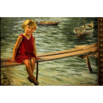 ANTICO PICCOLO QUADRO OLIO TAVOLA RITRATTO BIMBA LAGO PORTRAIT LITTLE GIRL LAKE 