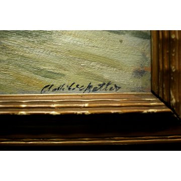 ANTICO PICCOLO QUADRO OLIO TAVOLA RITRATTO BIMBA LAGO PORTRAIT LITTLE GIRL LAKE 
