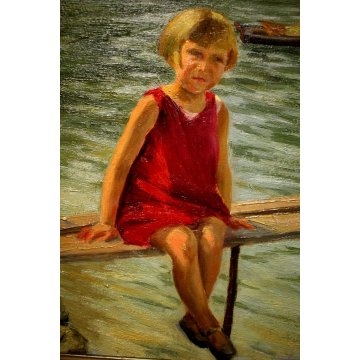 ANTICO PICCOLO QUADRO OLIO TAVOLA RITRATTO BIMBA LAGO PORTRAIT LITTLE GIRL LAKE 